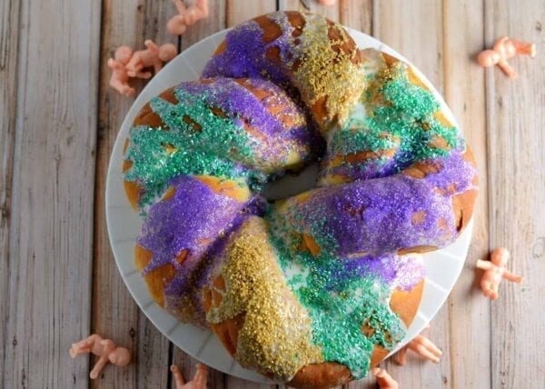 Overhead view of Mardi Gras King Cake