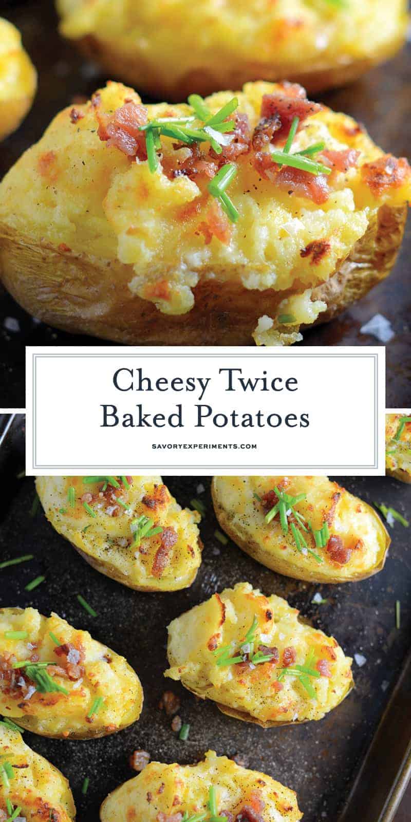 Cheesy Twice Baked Potatoes are velvety, buttery and cheesy- the perfect trifecta of potato perfection and the ultimate potato side dish! #potatosidedishes #twicebakedpotatoes #cheesypotatoes www.savoryexperiments.com 