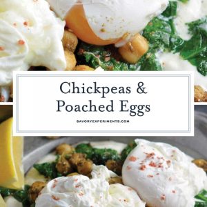 Gluten-Free Chickpeas and Poached Eggs are a healthy meal idea using yogurt, spinach and mediterranean spices. #poachedeggs www.savoryexperiments.com