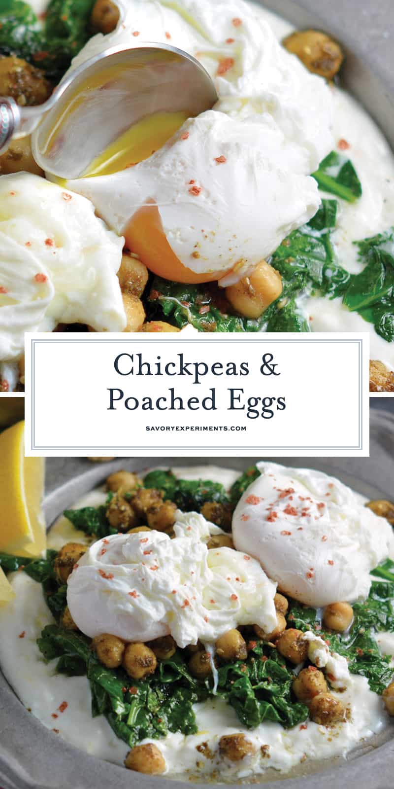 Gluten-Free Chickpeas and Poached Eggs are a healthy meal idea using yogurt, spinach and mediterranean spices. #poachedeggs www.savoryexperiments.com