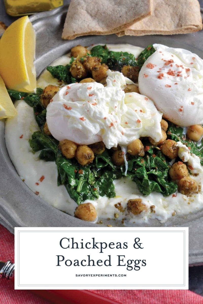 Gluten-Free Chickpeas and Poached Eggs are a healthy meal idea using yogurt, spinach and mediterranean spices. #poachedeggs www.savoryexperiments.com