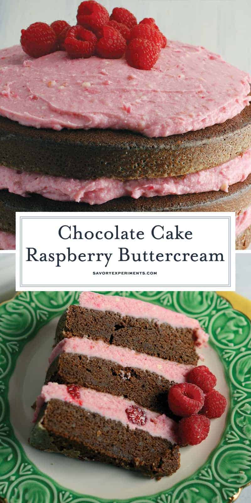 Naked cakes are all the rage right now, so I created a three layer Chocolate Cake with Raspberry Buttercream. Yum! #nakedcakes #chocolatecake #raspberrybuttercream www.savoryexperiments.com