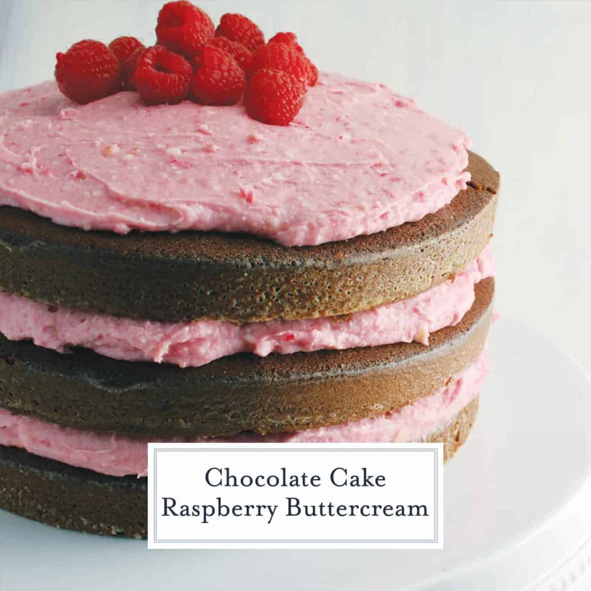 Naked cakes are all the rage right now, so I created a three layer Chocolate Cake with Raspberry Buttercream. Yum! #nakedcakes #chocolatecake #raspberrybuttercream www.savoryexperiments.com