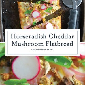 Horseradish Cheddar Mushroom Flatbread combines a mushroom blend, fresh radishes, pickled red onion, tangy horseradish cheddar cheese, Italian parsley and Maldon sea salt. Delicious! #vegetarianappetizers #flatbreadrecipes www.savoryexperiments.com