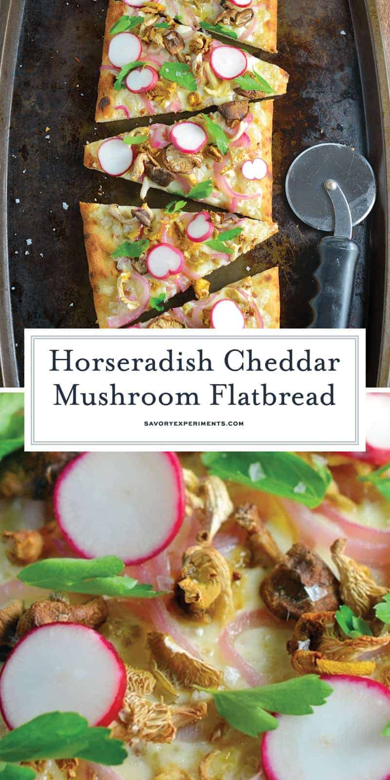Horseradish Cheddar Mushroom Flatbread combines a mushroom blend, fresh radishes, pickled red onion, tangy horseradish cheddar cheese, Italian parsley and Maldon sea salt. Delicious! #vegetarianappetizers #flatbreadrecipes www.savoryexperiments.com 