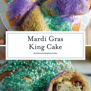 Make your own braided King Cake for Mardi Gras, complete with brown sugar pecan filling, icing, festive colors and one plastic baby. #mardigras #kingcake #fattuesday www.savoryexperiments.com