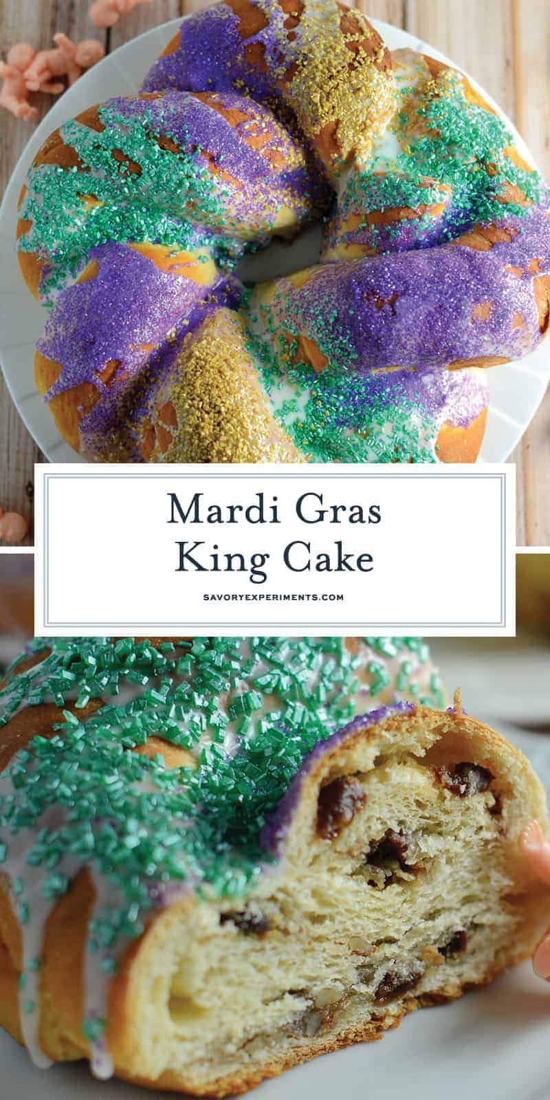 Make your own braided King Cake for Mardi Gras, complete with brown sugar pecan filling, icing, festive colors and one plastic baby. #mardigras #kingcake #fattuesday www.savoryexperiments.com