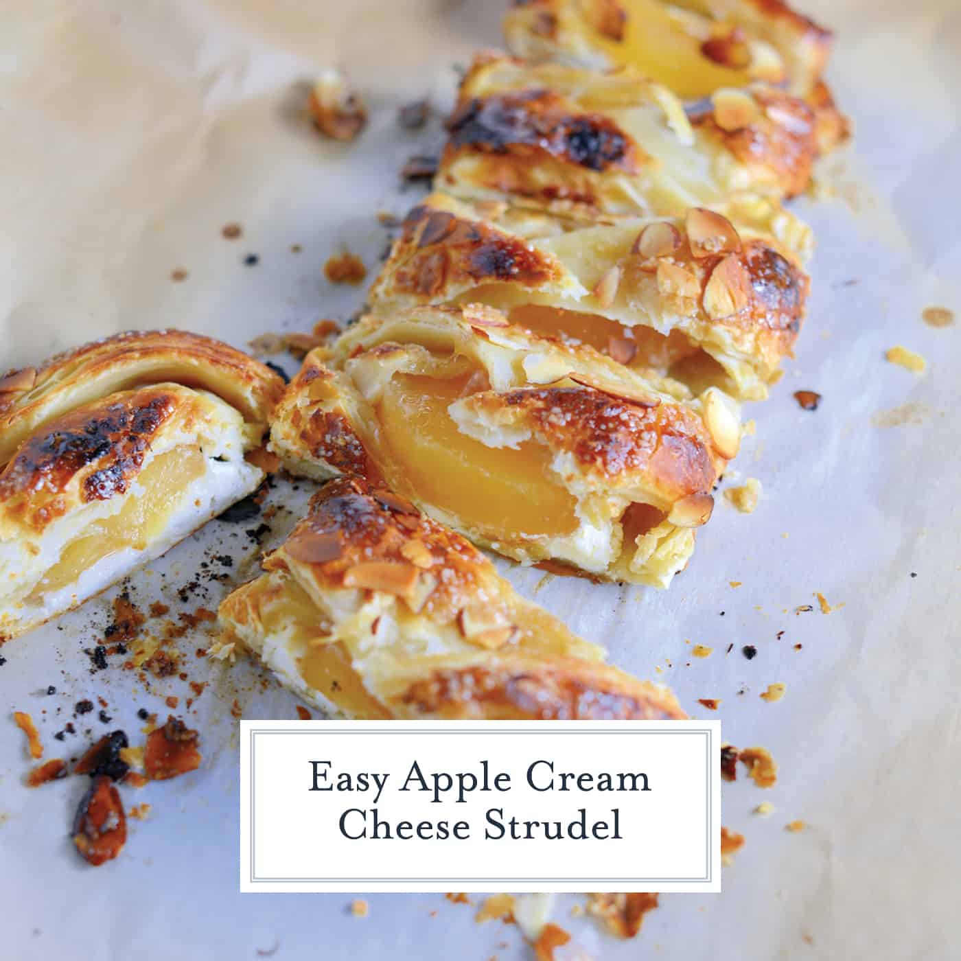 Pastry isn't as challenging as you might think! My Easy Apple Cream Cheese Strudel uses only 6 ingredients and 10 minutes to prepare for a fancy-pants breakfast or dessert! #applestrudel #easystrudelrecipe www.savoryexperiments.com
