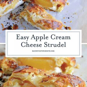Pastry isn't as challenging as you might think! My Easy Apple Cream Cheese Strudel uses only 6 ingredients and 10 minutes to prepare for a fancy-pants breakfast or dessert! #applestrudel #easystrudelrecipe www.savoryexperiments.com