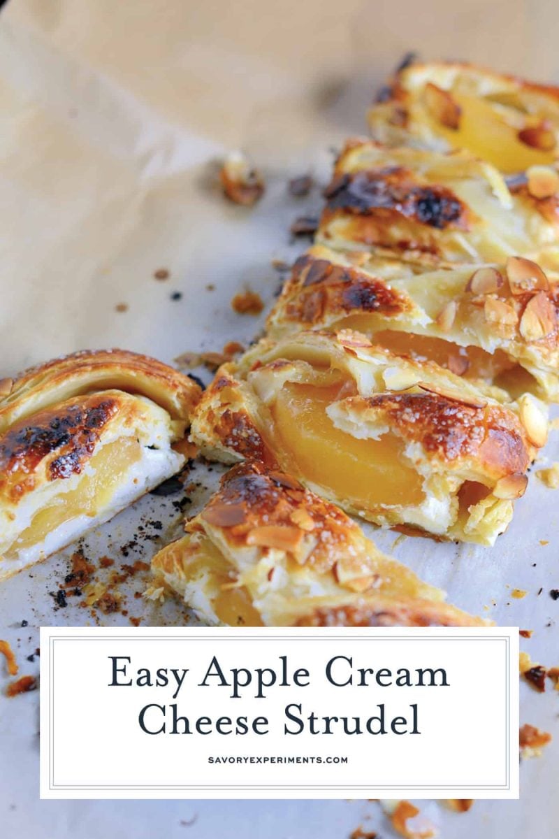 Pastry isn't as challenging as you might think! My Easy Apple Cream Cheese Strudel uses only 6 ingredients and 10 minutes to prepare for a fancy-pants breakfast or dessert! #applestrudel #easystrudelrecipe www.savoryexperiments.com