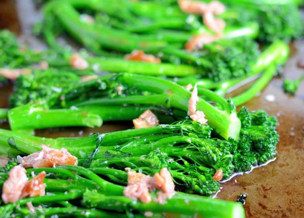 Red Wine Broccolini on a baking sheet with garlic 
