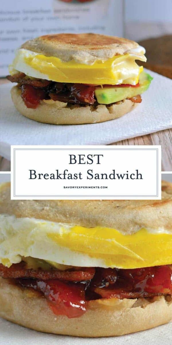 What makes this the BEST Breakfast Sandwich? Egg, provolone, bacon, avocado and one secret condiment! Come see to find out! #easybreakfastideas #breakfastsandwich www.savoryexperiments.com