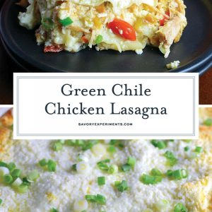 Green Chile Chicken Lasagna is a make-ahead and freezer friendly meal layering no-bake lasagna noodles with shredded chicken, spices, green chiles and lots of cheese! #chickenlasagna #mexicanlasagna www.savoryexperiments.com