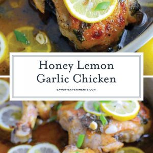 Honey Lemon Garlic Chicken is an easy dinner recipe made with garlic and honey to make this sauce bright and tasty! Serve lemon chicken over pasta, rice or toasted couscous. #chickenrecipes #lemongarlicchicken www.savoryexperiments.com