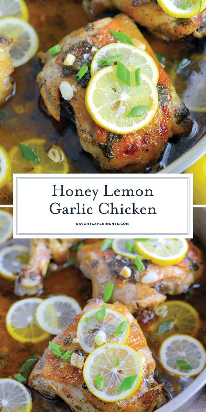 Honey Lemon Garlic Chicken is an easy dinner recipe made with garlic and honey to make this sauce bright and tasty! Serve lemon chicken over pasta, rice or toasted couscous. #chickenrecipes #lemongarlicchicken www.savoryexperiments.com 