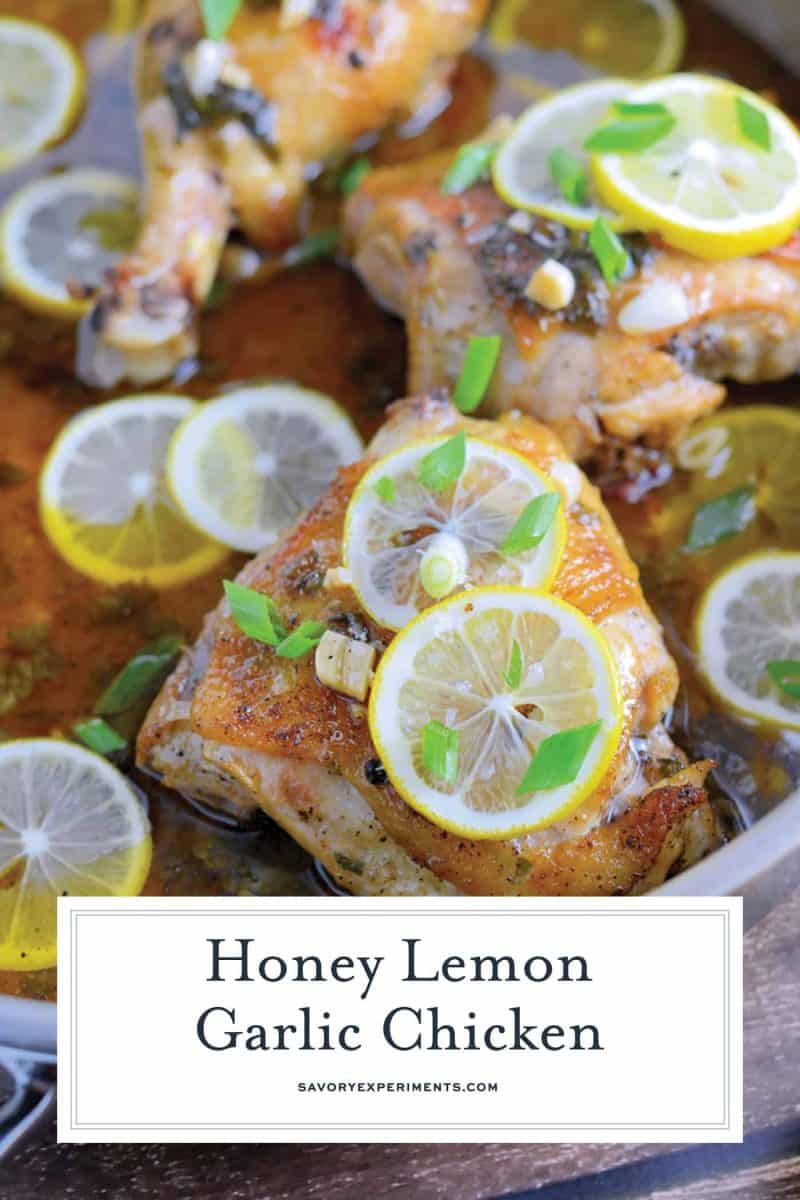Honey Lemon Garlic Chicken is an easy dinner recipe made with garlic and honey to make this sauce bright and tasty! Serve lemon chicken over pasta, rice or toasted couscous. #chickenrecipes #lemongarlicchicken www.savoryexperiments.com