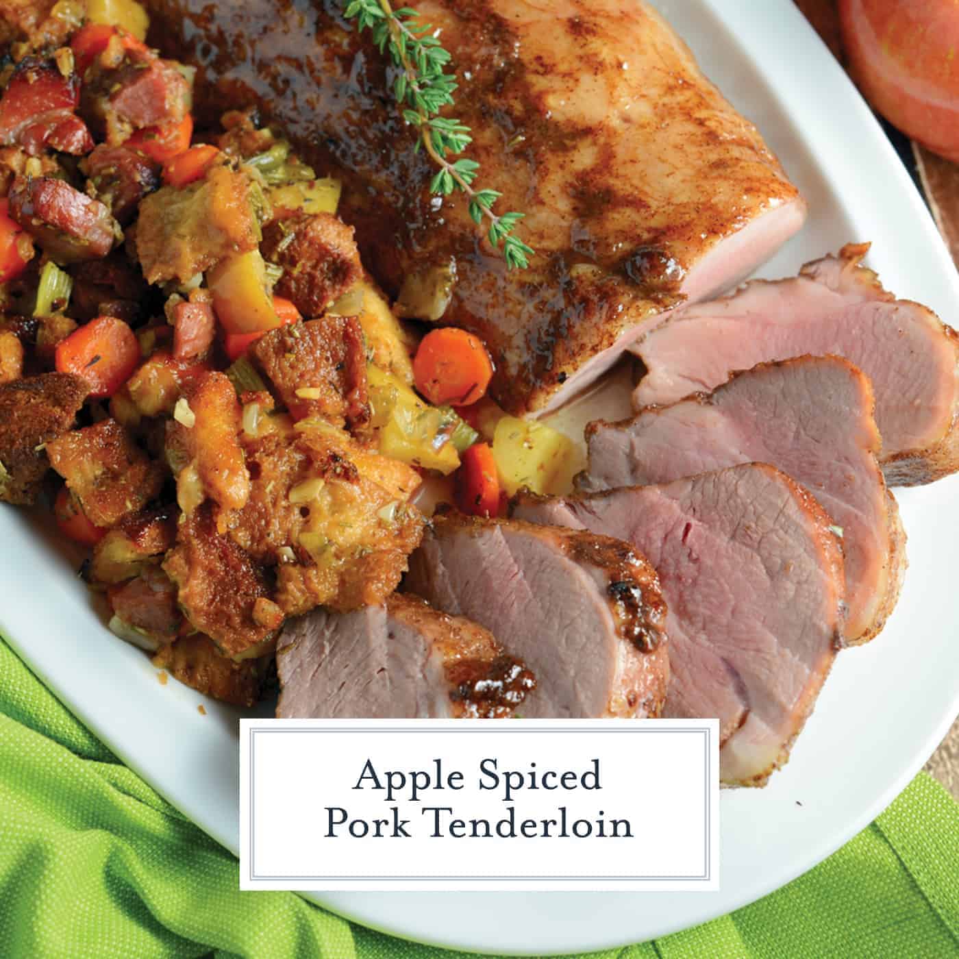 Apple Spiced Pork Tenderloin is a pork tenderloin recipe  that will blow you away with aromatic spices and an apple jelly glaze, surrounding with fresh apple and ham stuffing, all cooked on the same baking sheet. #porktenderloinrecipe www.savoryexperiments.com 