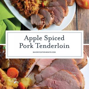 Apple Spiced Pork Tenderloin is a pork tenderloin recipe  that will blow you away with aromatic spices and an apple jelly glaze, surrounding with fresh apple and ham stuffing, all cooked on the same baking sheet. #porktenderloinrecipe www.savoryexperiments.com
