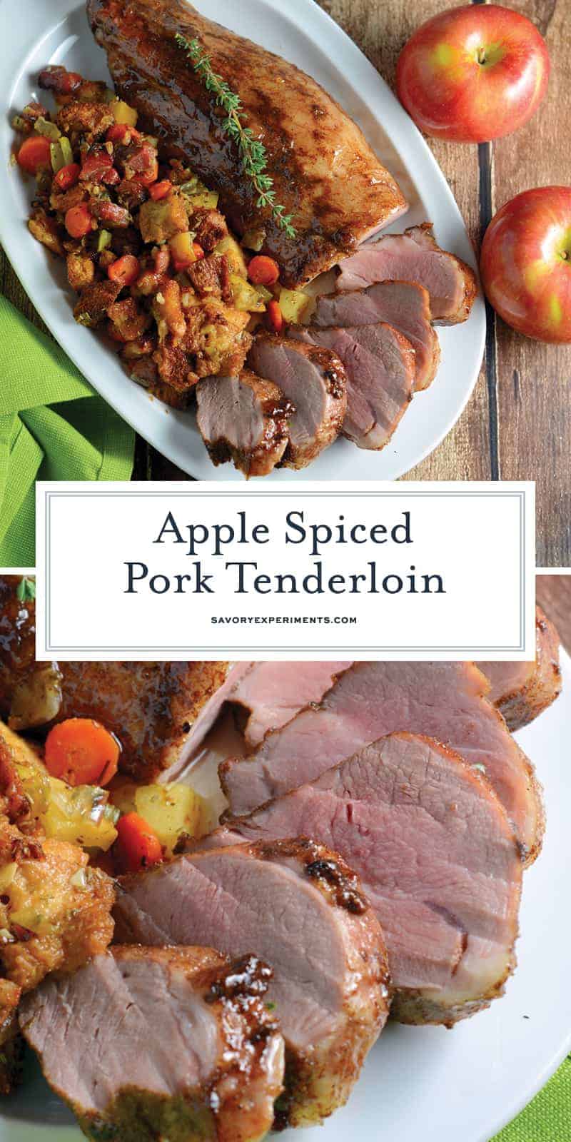 Apple Spiced Pork Tenderloin is a pork tenderloin recipe  that will blow you away with aromatic spices and an apple jelly glaze, surrounding with fresh apple and ham stuffing, all cooked on the same baking sheet. #porktenderloinrecipe www.savoryexperiments.com 