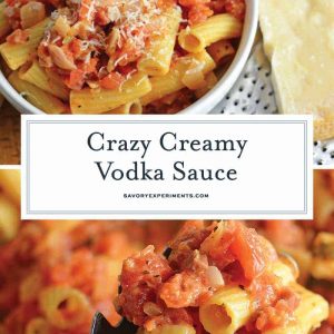 Creamy Vodka Sauce is an easy pasta sauce recipe pancetta, tomatoes and cream. Serve over your favorite pasta like Penne alla Vodka! #vokdasauce #penneallavodka www.savoryexperiments.com