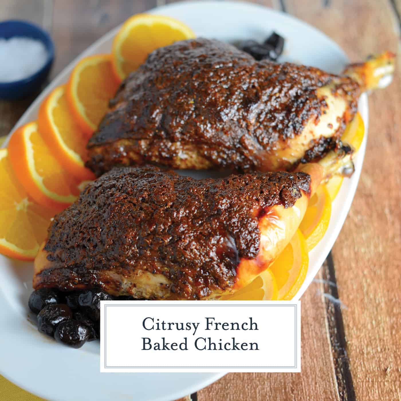 Orange Marmalade with orange, tarragon and olives make this delicious, sticky crust for French Baked Chicken. Use on chicken halves or chicken breasts for a delicious French dinner recipe. #frenchchicken #bakedchickenrecipe www.savoryexperiments.com 
