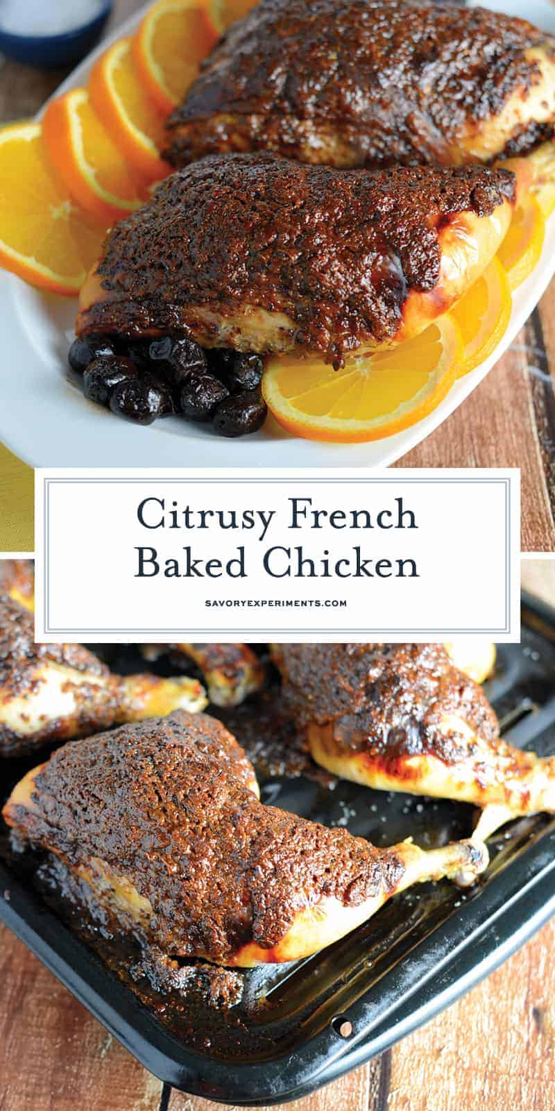 Orange Marmalade with orange, tarragon and olives make this delicious, sticky crust for French Baked Chicken. Use on chicken halves or chicken breasts for a delicious French dinner recipe. #frenchchicken #bakedchickenrecipe www.savoryexperiments.com 