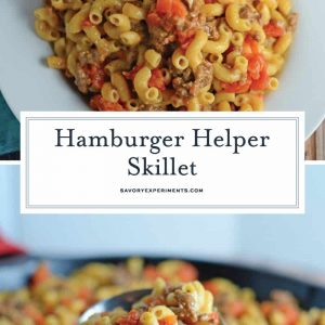 Homemade Hamburger Helper Skillet is a  great ground beef recipe with cheddar cheese, seasonings and tomatoes all ready in 20-minutes! #hamburgerhelper #onedishmeal #castironskilletrecipes #groundbeefrecipes www.savoryexperiments.com