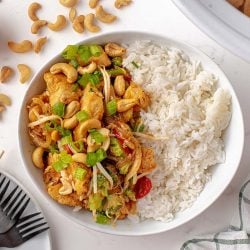 slow cooker cashew chicken with white rice in a bowl