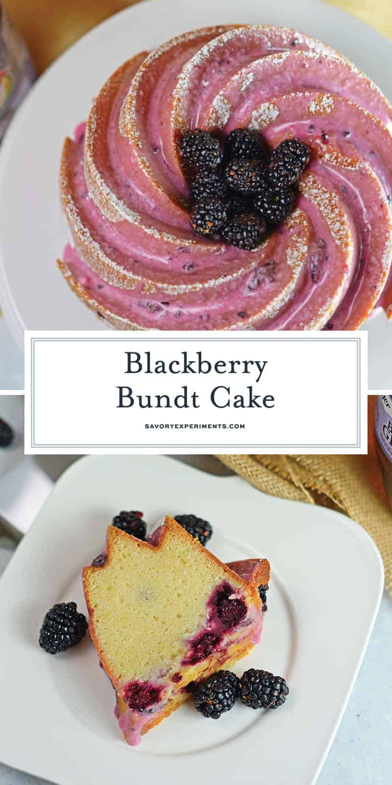 Blackberry Bundt Cake is a pound cake base using ginger ale and fresh blackberries for color, flavor and fluffiness. Top with a powdered sugar blackberry glaze for this heavenly dessert recipe. #bundtcakerecipe #blackberryrecipes www.savoryexperiments.com