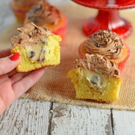 Cookie dough stuffed cupcake cut in half