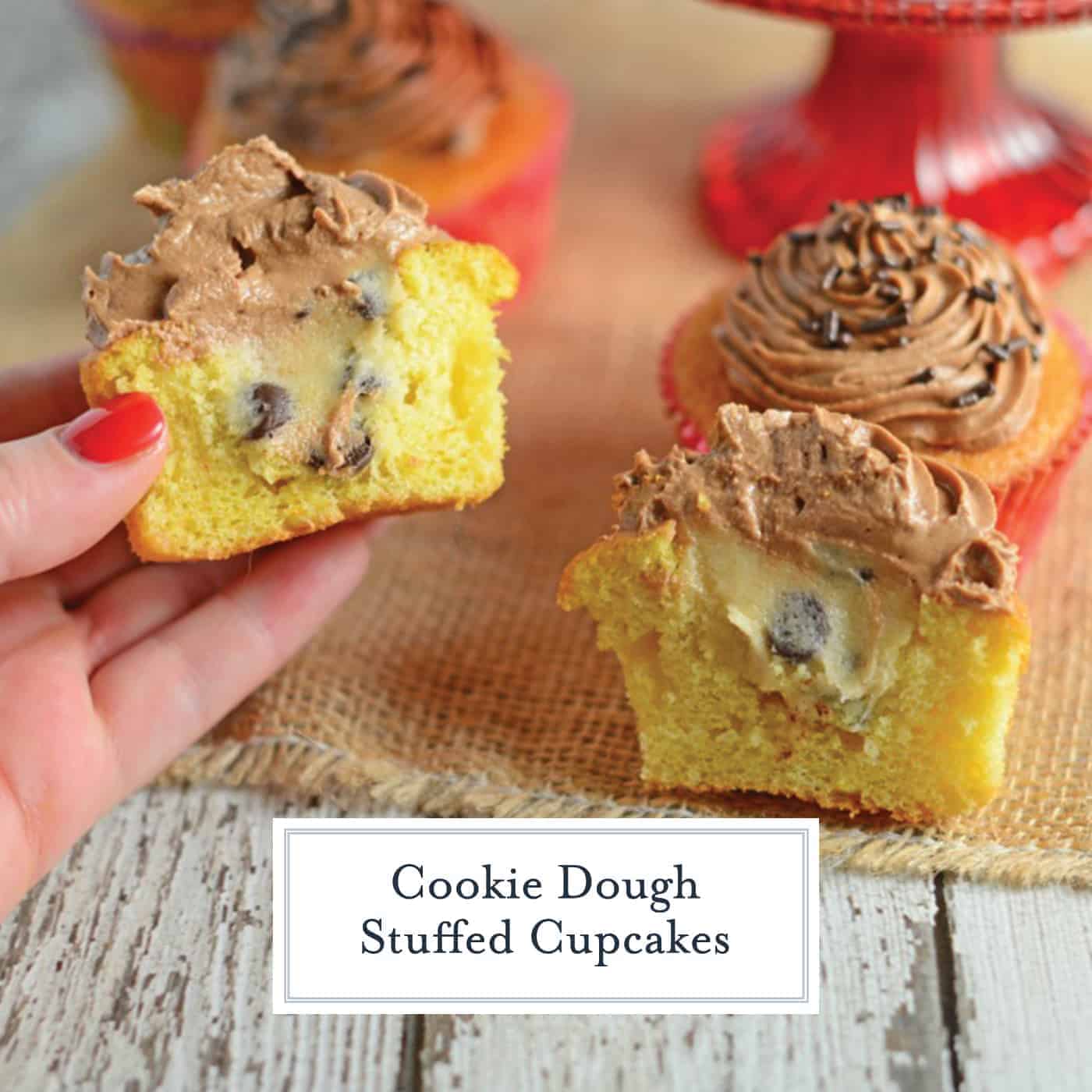 Cookie Dough Stuffed Cupcakes are vanilla cupcakes stuffed with edible cookie dough and topped with whipped chocolate frosting. You won't beleive how easy these are to make! #stuffedcupcakes #cookiedoughstuffedcupcakes www.savoryexperiments.com