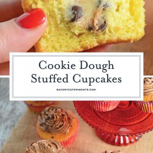 Cookie Dough Stuffed Cupcakes are vanilla cupcakes stuffed with edible cookie dough and topped with whipped chocolate frosting. You won't beleive how easy these are to make! #stuffedcupcakes #cookiedoughstuffedcupcakes www.savoryexperiments.com