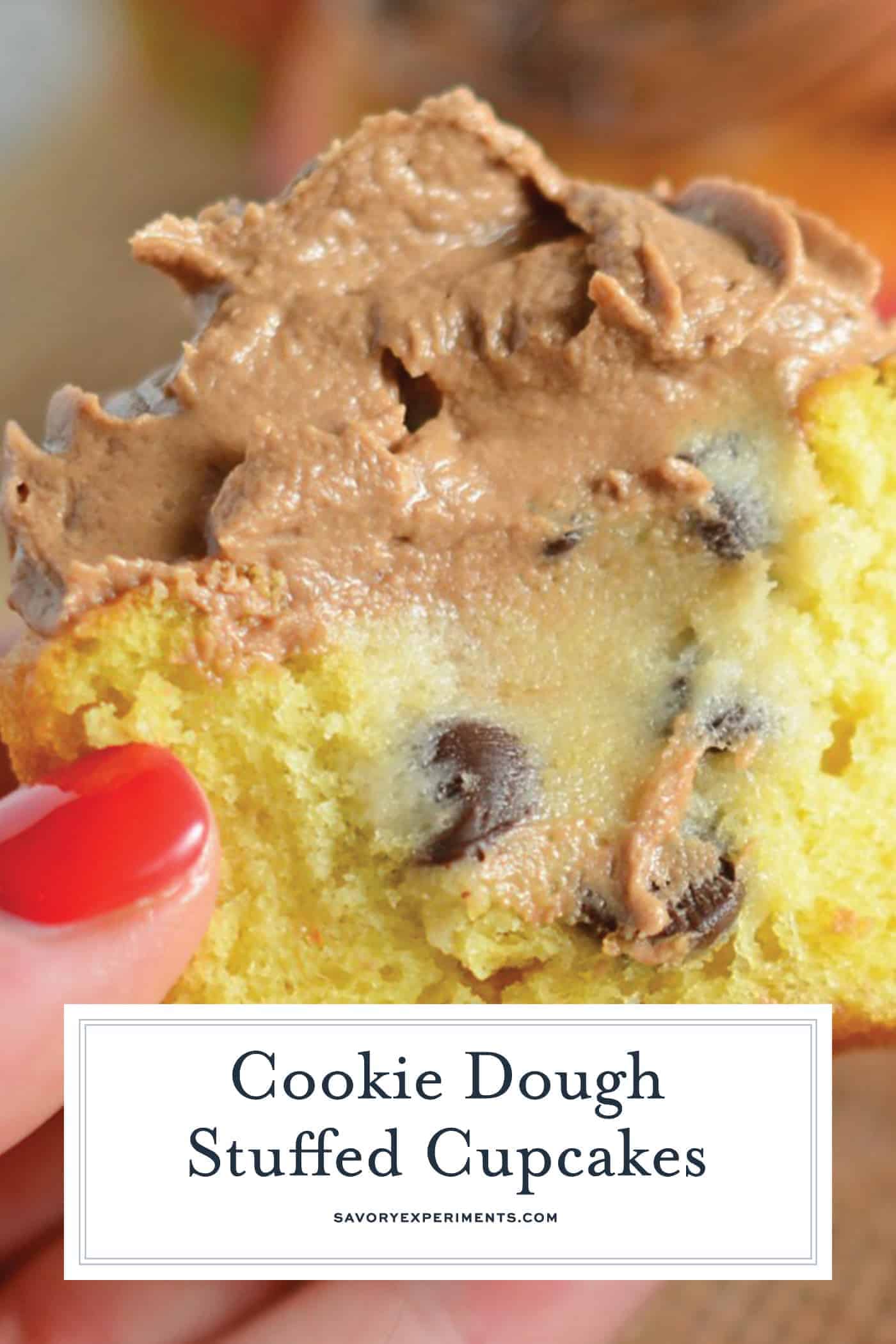 Cookie Dough Stuffed Cupcakes are vanilla cupcakes stuffed with edible cookie dough and topped with whipped chocolate frosting. You won't beleive how easy these are to make! #stuffedcupcakes #cookiedoughstuffedcupcakes www.savoryexperiments.com