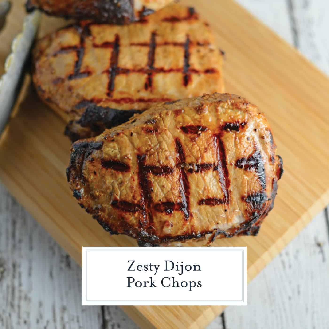 Grilled Dijon Pork Chops are a favorite for pork on the grill. A zesty and easy pork marinade recipes perfect for grilled or baked pork chops! #porkchopsonthegrill #grilledpork www.savoryexperiments.com