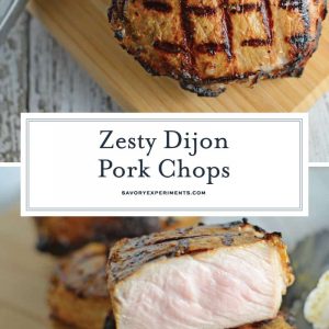 Grilled Dijon Pork Chops are a favorite for pork on the grill. A zesty and easy pork marinade recipes perfect for grilled or baked pork chops! #porkchopsonthegrill #grilledpork www.savoryexperiments.com