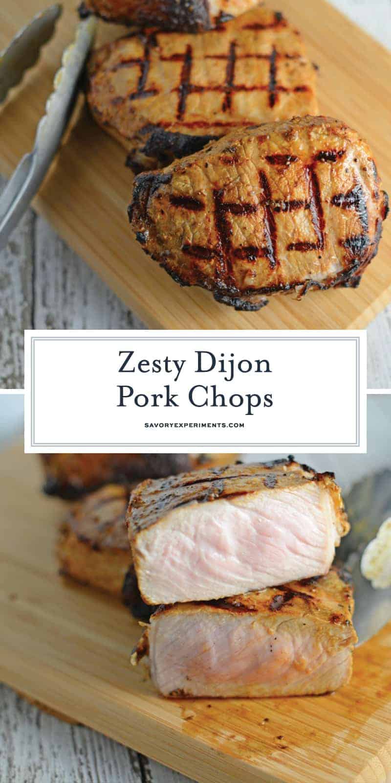 Grilled Dijon Pork Chops are a favorite for pork on the grill. A zesty and easy pork marinade recipes perfect for grilled or baked pork chops! #porkchopsonthegrill #grilledpork www.savoryexperiments.com