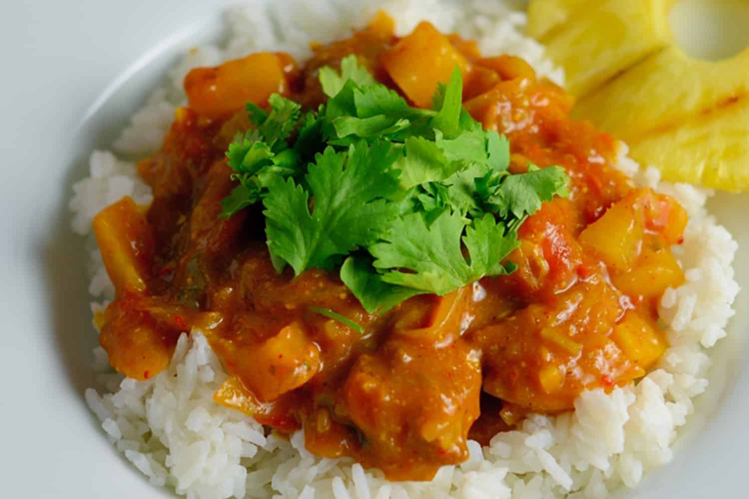 A close up of a plate of food with rice and vegetables, with Curry and Pork