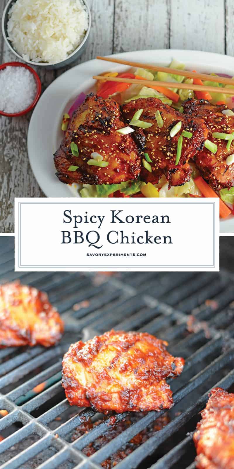 Spicy Korean BBQ Chicken is a spicy chicken marinade using chile garlic sauce, dark soy sauce and apple to balance the sweet. Use on any type of chicken and grill to perfection. #grilledchicken #koreanchicken #bbqchicken www.savoryexperiments.com