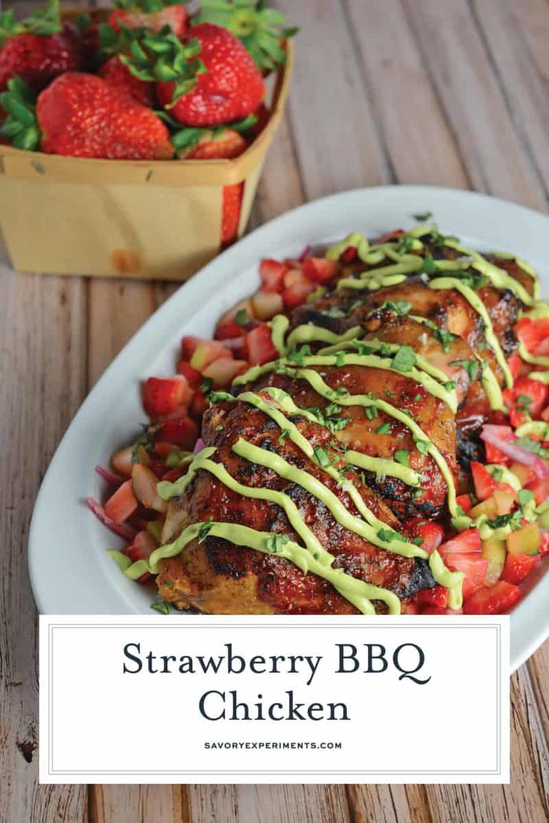 strawberry BBQ chicken on a white platter 