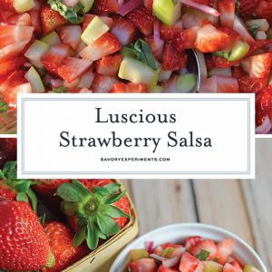 This Strawberry Salsa recipe uses sweet strawberries with cooling cucumber, red onion, basil and zesty white wine vinegar for a juicy dip or condiment. #homemadesalsa #fruitsalsa #strawberrysalsa www.savoryexperiments.com