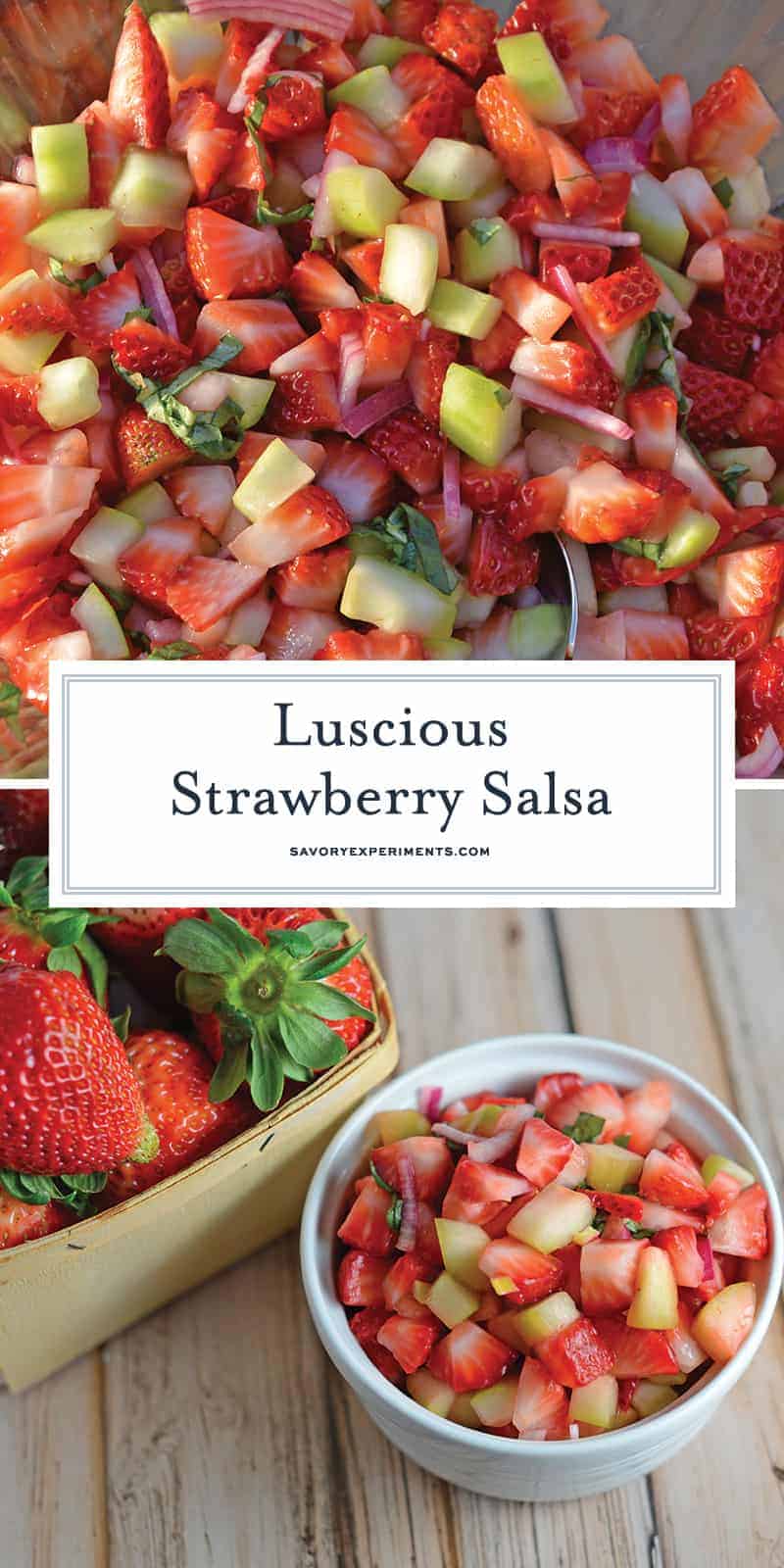 This Strawberry Salsa recipe uses sweet strawberries with cooling cucumber, red onion, basil and zesty white wine vinegar for a juicy dip or condiment. #homemadesalsa #fruitsalsa #strawberrysalsa www.savoryexperiments.com 