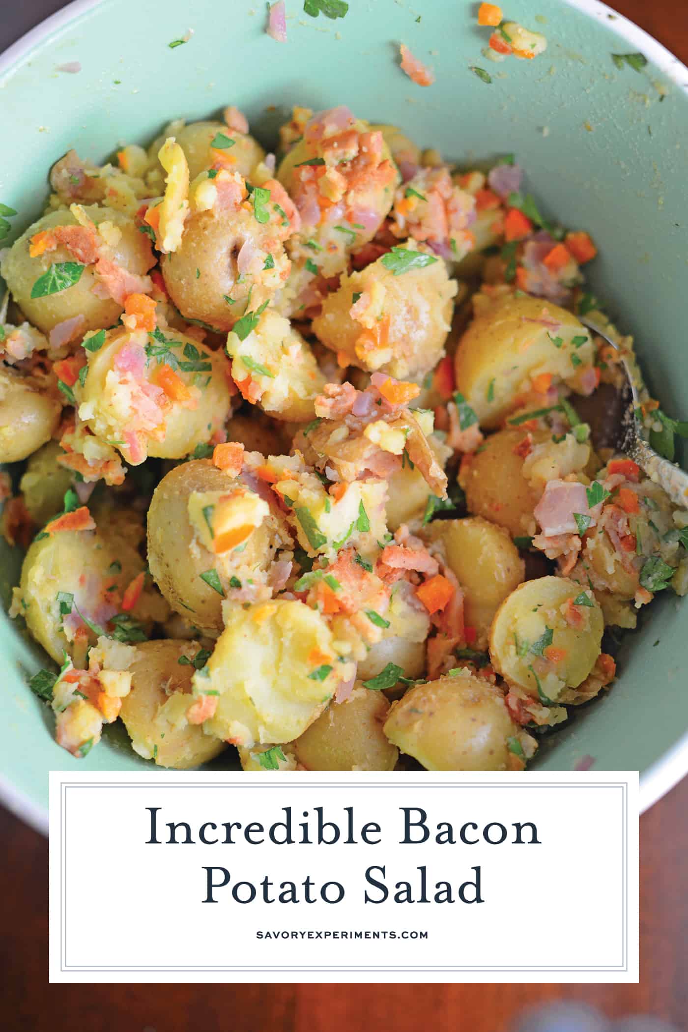 Bacon Potato Salad can be served hot or cold and uses veggies and BACON! This is a NO MAYO potato salad! The perfect make ahead side dish. #potatosalad #nomayopotatosalad www.savoryexperiments.com