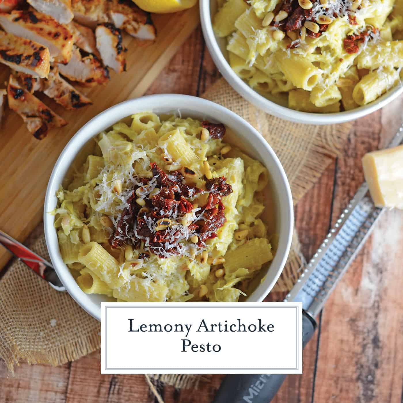 Lemony Artichoke Pesto is a fresh and punchy sauce perfect for summer meals and pasta. Takes only minutes to make, stores and freezes well and makes an excellent gift. Top with pine nuts, sun dried tomatoes and Parmesan Reggiano cheese. #homemadepestosauce #artichokes www.savoryexperiments.com