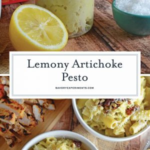 Lemony Artichoke Pesto is a fresh and punchy sauce perfect for summer meals and pasta. Takes only minutes to make, stores and freezes well and makes an excellent gift. Top with pine nuts, sun dried tomatoes and Parmesan Reggiano cheese. #homemadepestosauce #artichokes www.savoryexperiments.com
