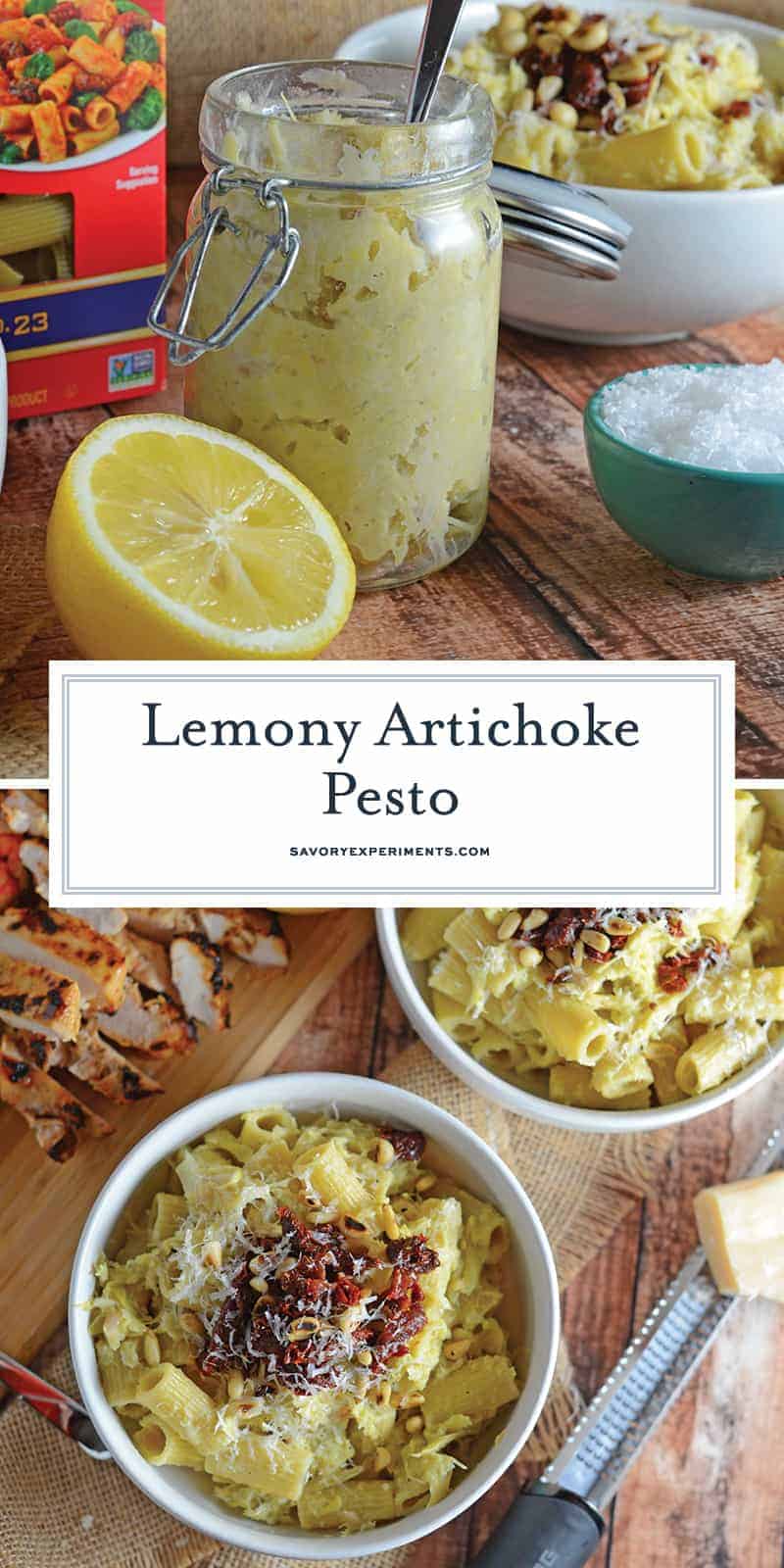 Lemony Artichoke Pesto is a fresh and punchy sauce perfect for summer meals and pasta. Takes only minutes to make, stores and freezes well and makes an excellent gift. Top with pine nuts, sun dried tomatoes and Parmesan Reggiano cheese. #homemadepestosauce #artichokes www.savoryexperiments.com