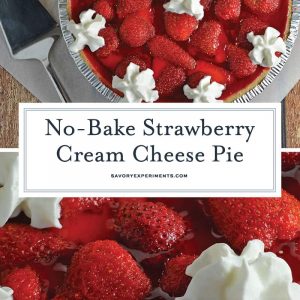 No-Bake Strawberry Cream Cheese Pie- A no-bake pie made with graham cracker crust, a layer of sweet cream cheese, loads of fresh strawberries and a homemade strawberry jelly. All ready in less than 20 minutes! www.savoryexperiments.com