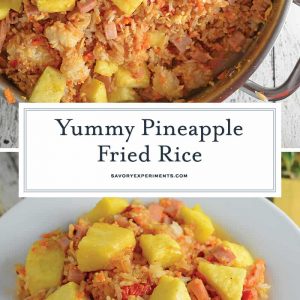 Pineapple Fried Rice is a quick, easy weeknight meal that's much cheaper, tastier and healthier than take-out! Make it a vegetarian meal or add ham. #pineapplefriedrice #easyfriedricerecipe www.savoryexperiments.com