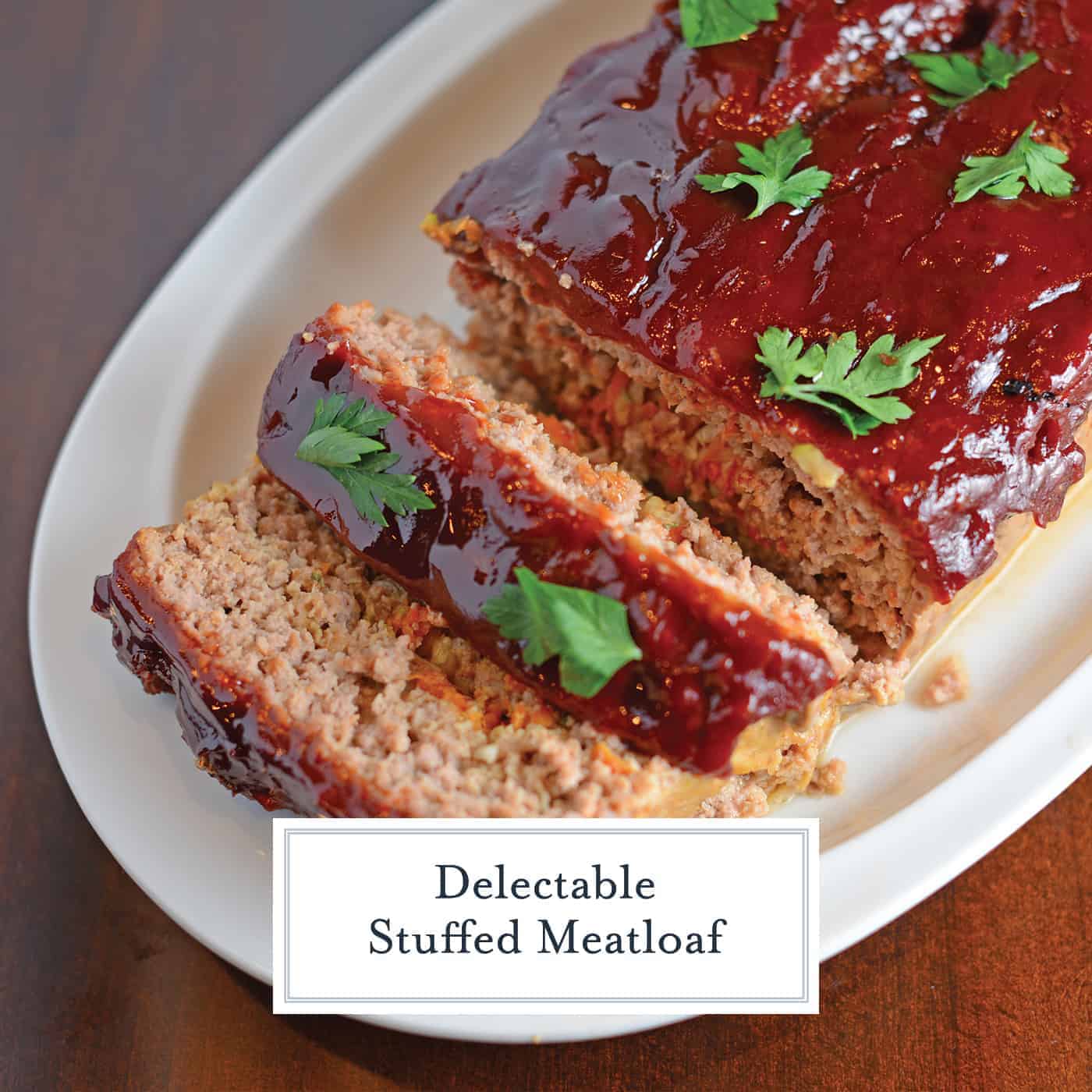 Stuffed Meatloaf is a tender meat mix stuffed with shredded vegetables and topped with a zesty and sweet sauce. The perfect comfort meal! #bestmeatloafrecipe #stuffedmeatloaf www.savoryexperiments.com 