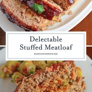 Stuffed Meatloaf is a tender meat mix stuffed with shredded vegetables and topped with a zesty and sweet sauce. The perfect comfort meal! #bestmeatloafrecipe #stuffedmeatloaf www.savoryexperiments.com