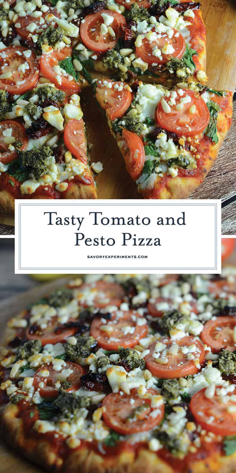 Tomato Pesto Pizza is an easy vegetarian pizza with fresh tomato slices, mozzarella and feta cheese, sun dried tomatoes, pesto and toasted pine nuts. #homemadepizza #pizzafromscratch #pestopizza www.savoryexperiments.com 